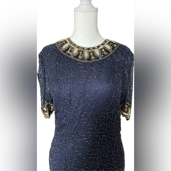 Laurence Kazar Navy and Gold Beaded Dress - Picture 3 of 8